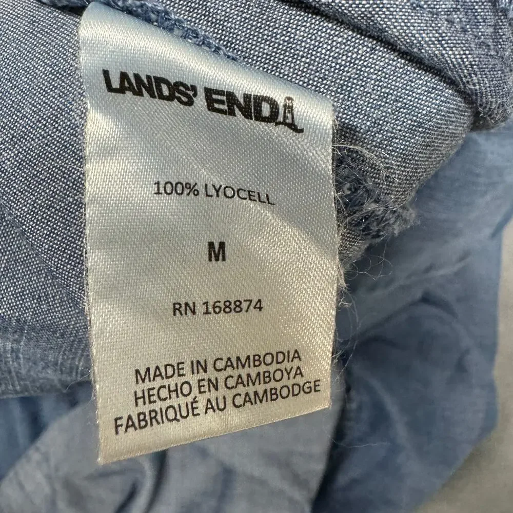 Lands End Tiered Dress Blue Chambray V-Neck Coastal Midi + Pockets Womens Medium - Picture 6 of 11